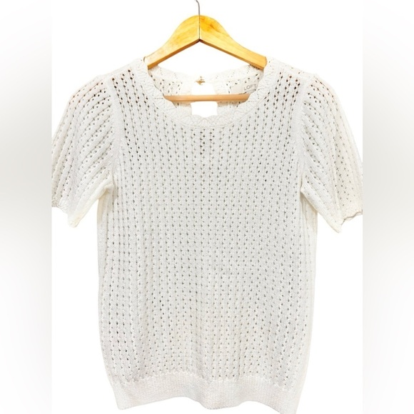 LOFT XS Scalloped Keyhole Back Open Knit Crochet Top Short Sleeved Hippy Boho - Picture 4 of 7